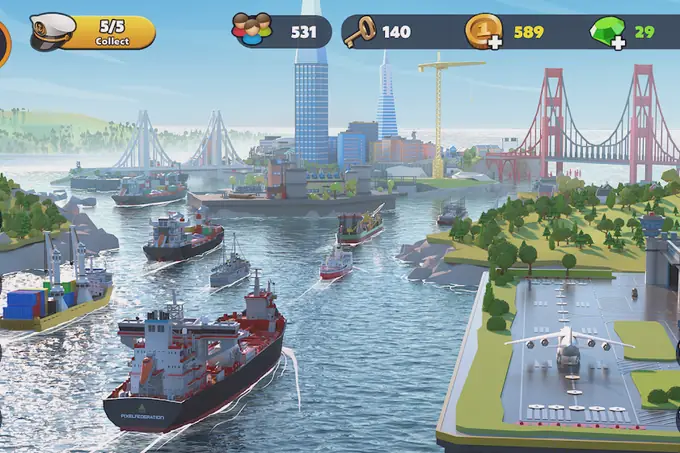 Baía com navios e guindastes durante um teste de Port City