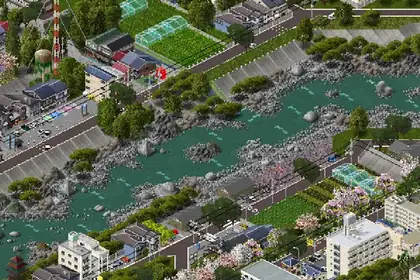Cidade com bairros verdes e lago vista de cima em TheoTown