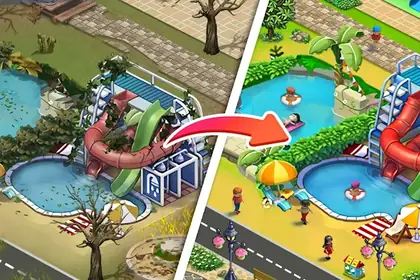 Praça central com fonte e jardins numa cidade de Lily City
