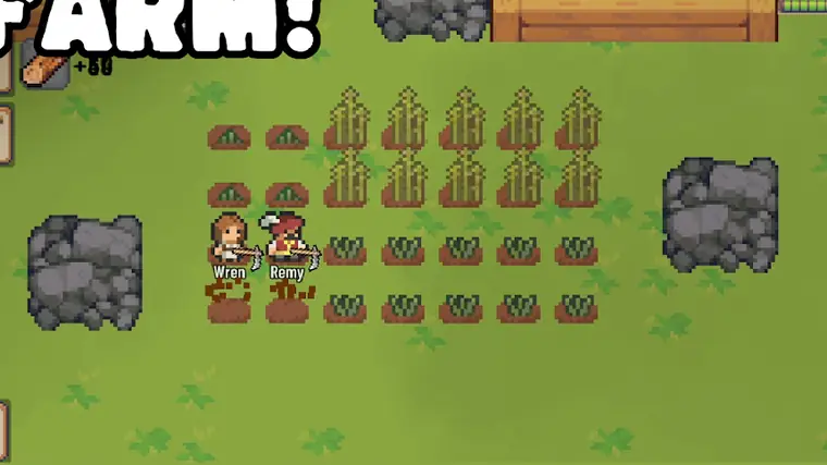 Campos cultivados e aldeões a trabalhar numa vila de Pequena Vila
