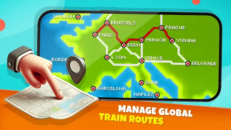 Mapa da Europa com rotas ferroviárias entre estações em Pocket Trains