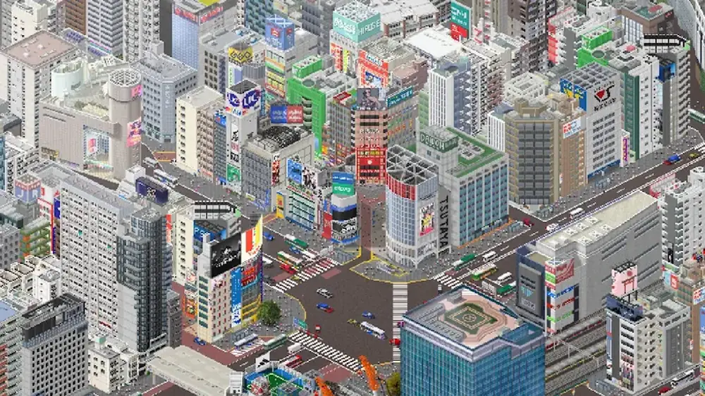 Centro urbano denso com avenidas, lojas e cartazes numa cidade de TheoTown