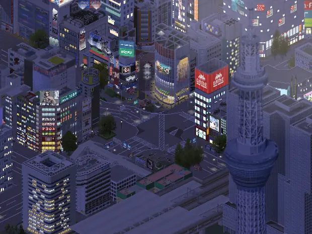A mesma cidade de TheoTown vista à noite, com torre iluminada e ruas acesas